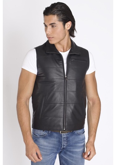 Siyah Gerçek Deri Yelek-Siyah