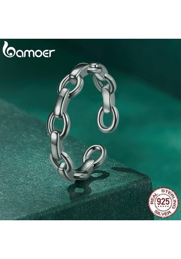 Bamoer 925 Ayar Gümüş Metal Zincir Ayarlanabilir Yüzük Kadınlar İçin Gümüş Moda Kilit Zincir Yüzük Bildirimi Band Takı
