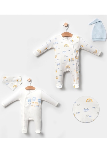 Babydonat Araba Desenli Mavi 4'lü Erkek Bebek Tulumu Mavi