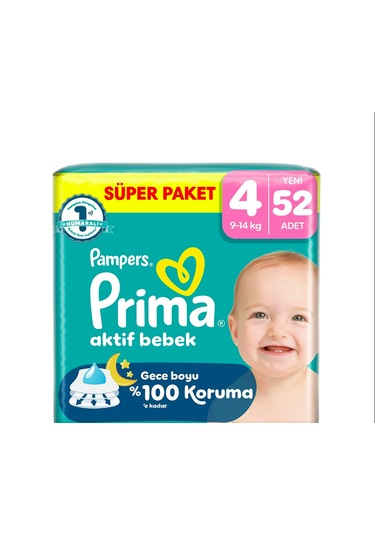 Prima 4 Beden Aktif Bebek Bezi Süper Paket 52 Adet 4 Numara