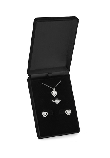 Forentina Gümüş Kaplama Kalpli Kolye Küpe Yüzük Siyah Kadife Kutuda Takı Seti Ps3294 Çok Renkli