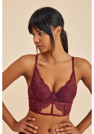 Roma Bordo Dantelli Dolgusuz Toparlayıcı Büstiyer Sütyen bordo