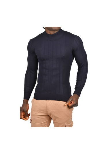 Deepsea Erkek Lacivert Yarım Balıkçı Yaka Çizgili Tüylenmeyen Slim Fit Triko Kazak 2505491 Lacivert