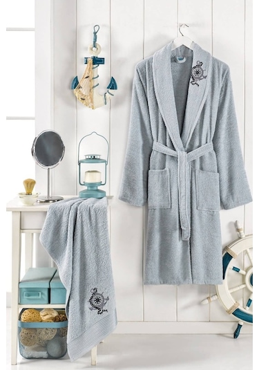 Elmira Şalyaka Kadın Erkek Pamuklu Havlulu Banyo Bornoz Takımı (478303628)