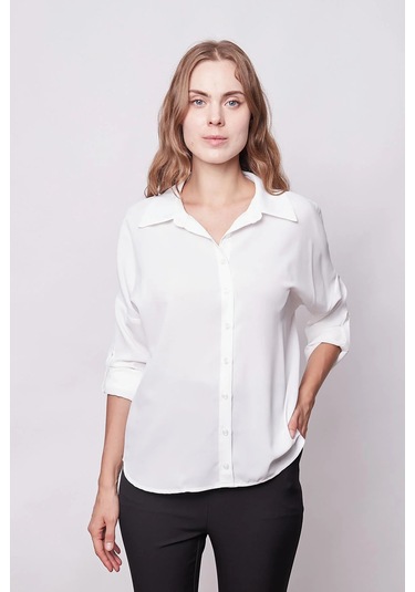 Likrasız Şık Kumaş Yakalı Sırt Dekolteli Uzun Kol Apoletli Gömlek-krem Krem