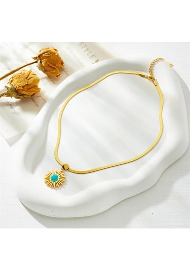 Çelik İtalyan Zincirli Firuze Doğaltaşlı Bayan Altın Renk Kolye Çelik