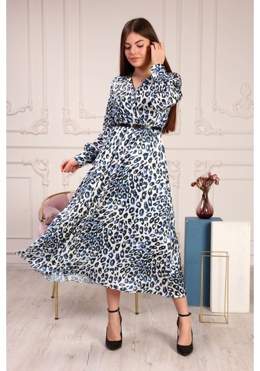 Aymeravm - Leopar Desenli Kadın Elbise - Saten0403Ga