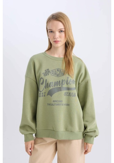 Defacto Coool Oversize Geniş Kalıp Bisiklet Yaka Baskılı Kalın Sweatshirt D5384AX24AUKH461 Haki