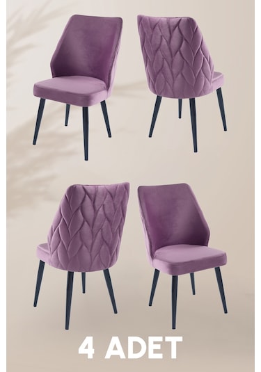 Puffy Sandalye - Babyface Lila - Metal Siyah Ayak 4 Adet - Salon Sandalyesi / Mutfak Sandalyesi Lila