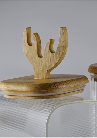 Boynuz Şekilli Bambu Kapaklı Cam Kavanoz Seti - Borosilikat Kavanoz Takımı - 3'lü Set - Kare Bambu