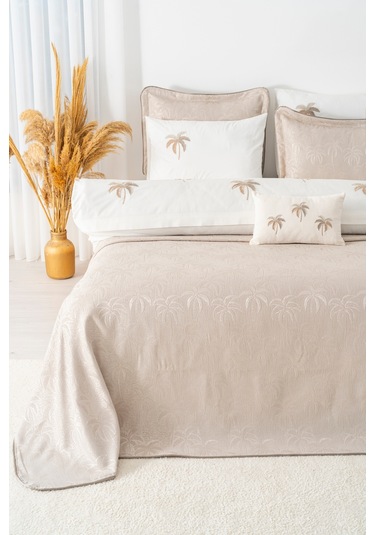 Palmiye Vizon Nakışlı Çift Kişilik Nevresimli Pike Seti - 8 Parça Çeyiz Seti Vizon