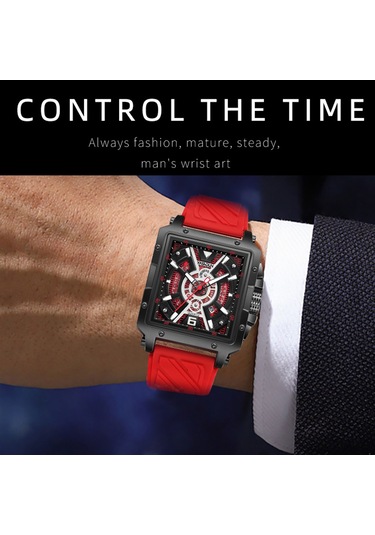 Yashıdun 5071 Şık Kare Kuvars İzle Silikon Kayış Erkekler Aydınlık Bilek Saati - Siyah Kadran / Kırmızı Kayış