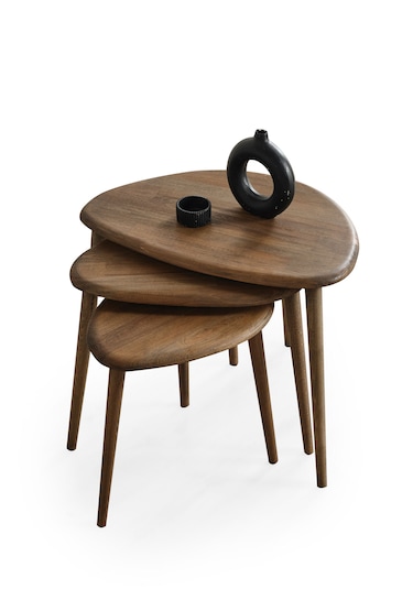 Masif Doğal Ahşap Zigon Sehpa 3'lü Set, Modern Ceviz Yan Sehpa