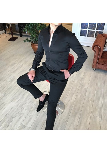 Italyan Stil Slim Fit Dik Yaka Saten Erkek Gömlek Siyah T4739