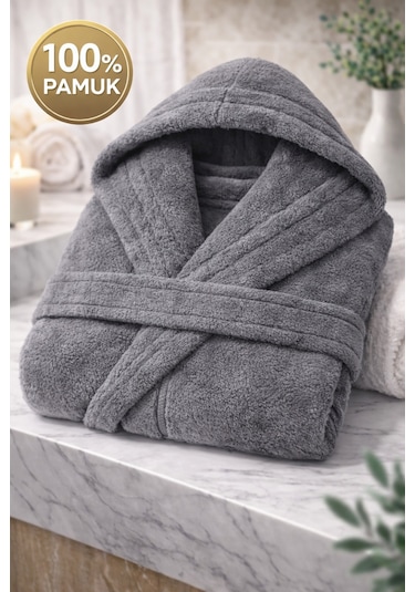İqon %100 Pamuk Unisex Banyo Bornozu Düz Antrasit