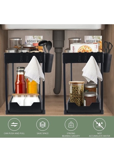 Dancemonkey Lavabo Organizatörleri & Depolama, 2 Katmanlı Mutfak Çekmece Düzenleyici Banyo Kabineti - Siyah Siyah