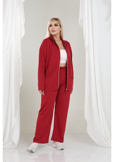 Kadın Büyük Beden Fermuarlı Uzun Kollu Rahat Günlük Eşofman Takım Bordo