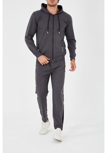 Pants Düz Paça Fermuarlı Kapşonlu Eşofman Takım - Füme Füme