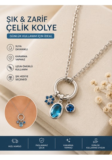 Blue Crystal Charm Halka Kolye Gümüş