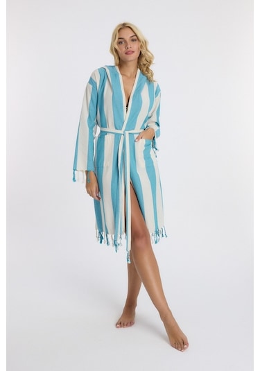Mulberry Striped Peştemal Bornoz Banyo Ve Plaj Elbisesi Mavi