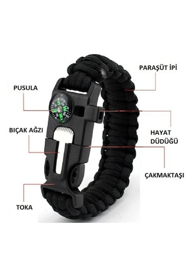 Hayatta Kalma Bilekliği Çakmak Taşı, Pusula, Yüksek Desibel Düdük Çok Amaçlı Bileklik Haki
