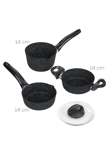 Porsima 4398 4 Parça Kaçerola Sosluk Sütlük Mini Granit Tencere Sahan Seti Siyah 14cm siyah