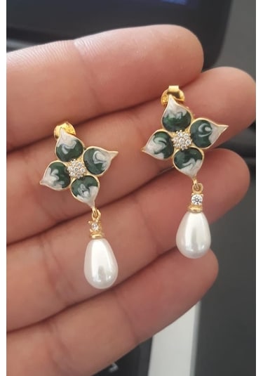 Brezza Lusso Jewelry Altın Kaplama Mineli Çiçek Model Sallantılı Inci Bayan Küpe