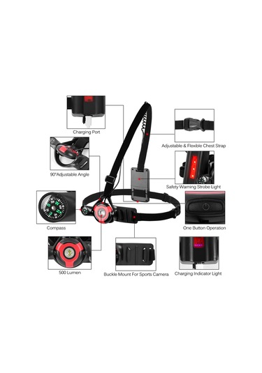Konesam Siyah Renkli 500 Lumen Ipx5 Su Geçirmez Göğüs Lambası - 90 Açı Ayarlı, 3 Işık Modu, Kompas Ve Spor Kamerası Tutucu İle Outdoor Etkinlikler İçin Siyah
