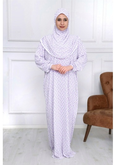 Pamuk Başörtülü Tek Parça Namaz Elbisesi - Mor Çiçekli Beyaz - Mor