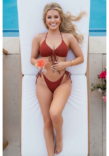 Angelsin Rib Dokulu Ön Ve Yan Bağcık Detaylı İpli Brezilya Bikini Takımı Kırmızı