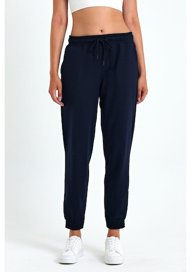 Kadın Lacivert Pamuklu Kalın Paçası Lastikli Yüksek Bel Rahat Jogger Eşofman Altı Lacivert