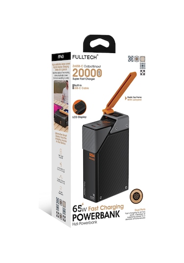 Fulltech Fp43 20000mah 65w Süper Hızlı Şarj Powerbank Lcd Akıllı Ekran, Dahili Usb-c Kablo, 2 Usb- Siyah