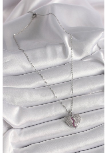 Gümüş Renk Zincir Zirkon Taşlı Kalp Model Kadın Kolye - Ebj241228w30253 Bakır