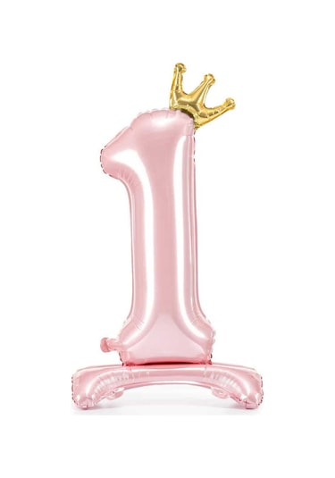 1 Rakam Bebe Pembesi Renkli Ayaklı Ve Kral Taç'lı Folyo Balon 34 İnç 76 Cm Pembe