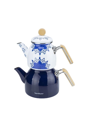 Bambum Unique - Bambu Kulplu Emaye Çaydanlık Takımı Lacivert