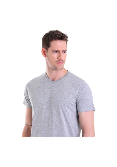 Hatemoğlu Gri Melanj Düz Slim Fit 100% Pamuk V Yaka Tişört Gri