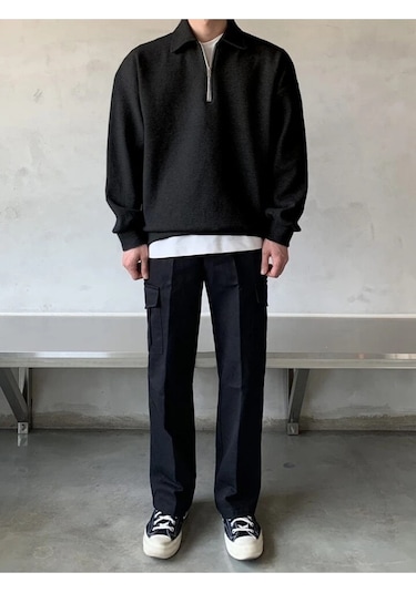 Genius Store Polo Yaka Yarım Fermuar Oversize Erkek Sweatshirt - Siyah