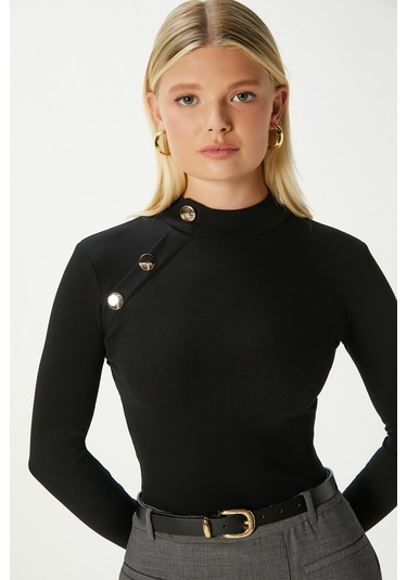 Kadın Gloria Gold Düğmeli Uzun Kollu Siyah Fitilli Pamuk Bluz Siyah