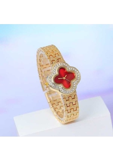 Bosphorusboutique02 Kırmızı 4 Yapraklı Yonca Kadınlık Kuvars Saati, Bayan Hediye, Moda Kırmızı