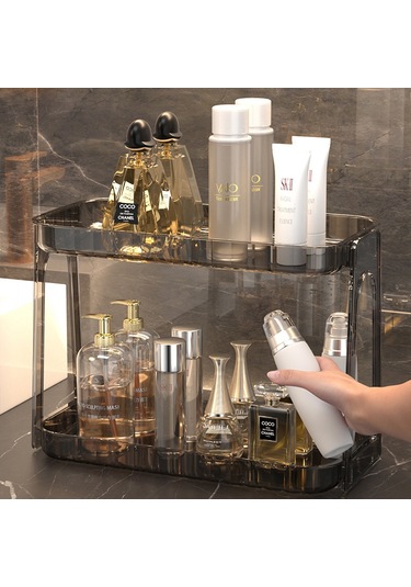 Skycity Banyo İçin Çift Katlı Pet Malzeme Kozmetik Dolabı - Geniş Kapasiteli Makyaj & Bakım Ürünleri Depolama Rafı 33x16x23cm Kahverengi Diğer