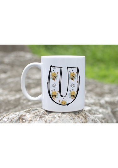 U Harfi Arı Desenli Kupa - Sevimli Hayvan Temalı Kişiye Özel Kahve Kupası - Şans Kupası Beyaz