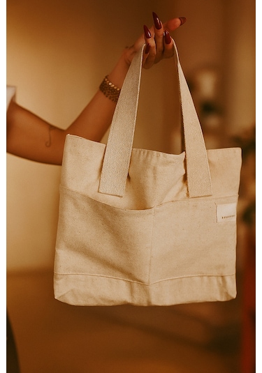 Yunusoğlu Home Kadın Krem El Omuz Ve Plaj Çantası Kanvas Çok Amaçlı Çanta Krem