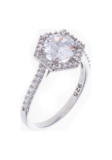 7mm Zirkon Taşlı Altıgen Model 925 Ayar Gümüş Kadın Tektaş Yüzük