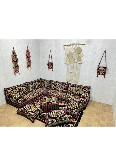 Coton Şark Köşesi Yörük Desenli Minder Takımı Bordo 18 Parça
