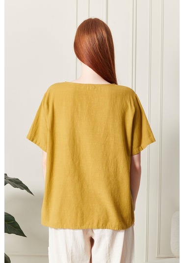 Keten Gökkuşağı Asimetrik Kesim Bluz Renkli Ve Şık Tasarım SAFRAN