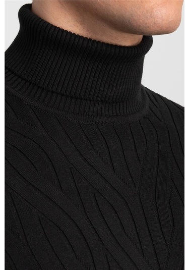 Tudors Slim Fit Dar Kesim Tam Balıkçı Yaka Saç Örgü Desenli Erkek Kazak-20346 Siyah