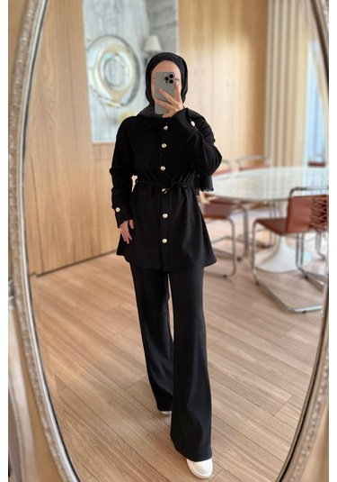 Gold Düğme Detaylı Fitilli Takım - Siyah Siyah