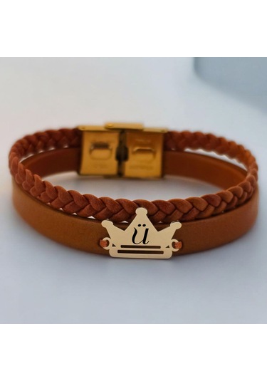 Archin Ü Harfine Özel Taç Motifli 14 Ayar Altın Plakalı Kahverengi Derili Hediye Bileklik-467harf Ü