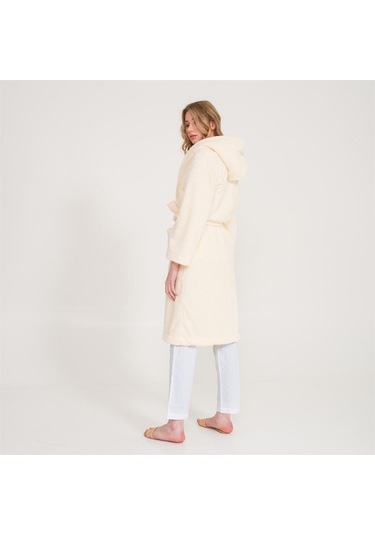 Uzun Welsoft Kapüşonlu Kadın Sabahlık Ekru