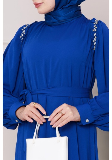 Omuzu Taş Detaylı Rose Elbise-saks Mavi-4772 Saks Mavi